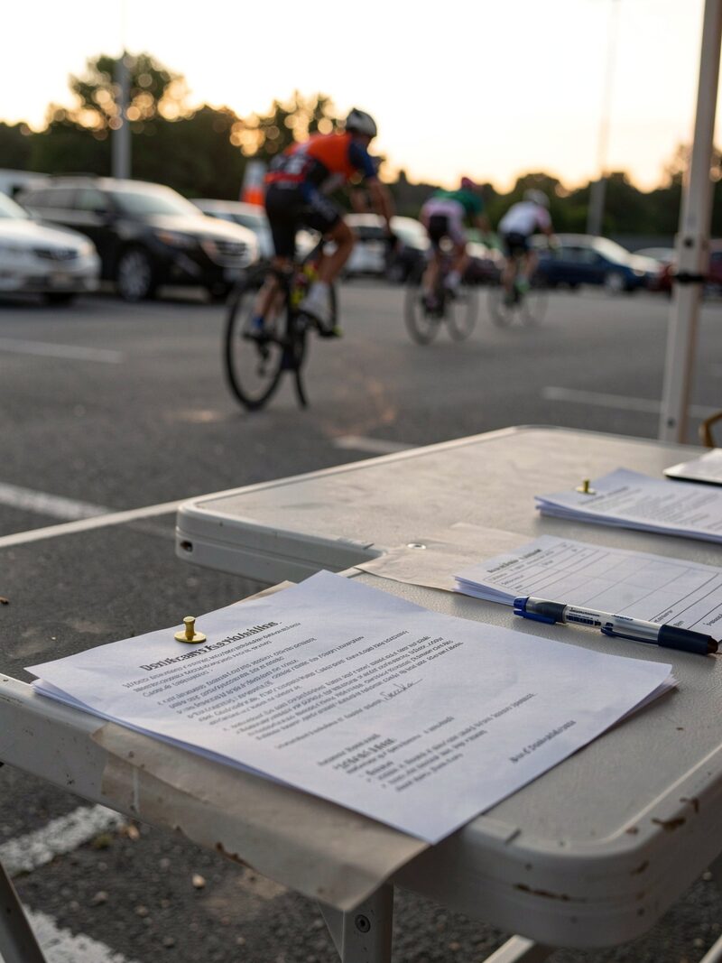 A paper start sheet pinned to a folding table at a race registration desk in a parking lot at dawn, pens and blank waiver forms beside it, cyclists rolling past out of focus in the background