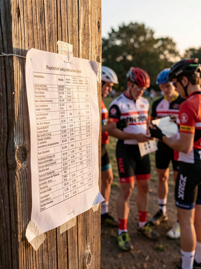 A printed results sheet taped to a wooden post after an amateur race, riders in lycra standing around reading it, late afternoon light