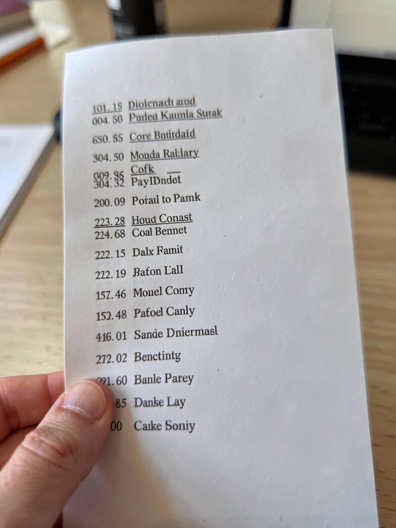 A printed results sheet taped to a wooden post after an amateur race, riders in lycra standing around reading it, late afternoon light