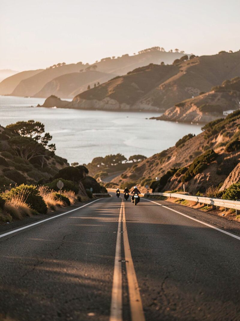 A rolling coastal road in Marin County at golden hour, a small group of riders in the distance, hills and a reservoir behind