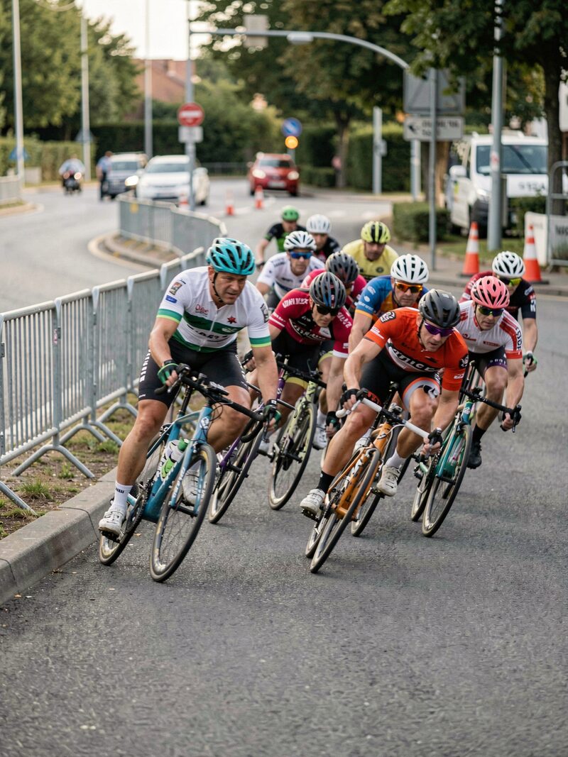 A pack of amateur road cyclists leaning into a fast corner on a closed city circuit, metal barriers at the edge of the road, motion blur on the wheels