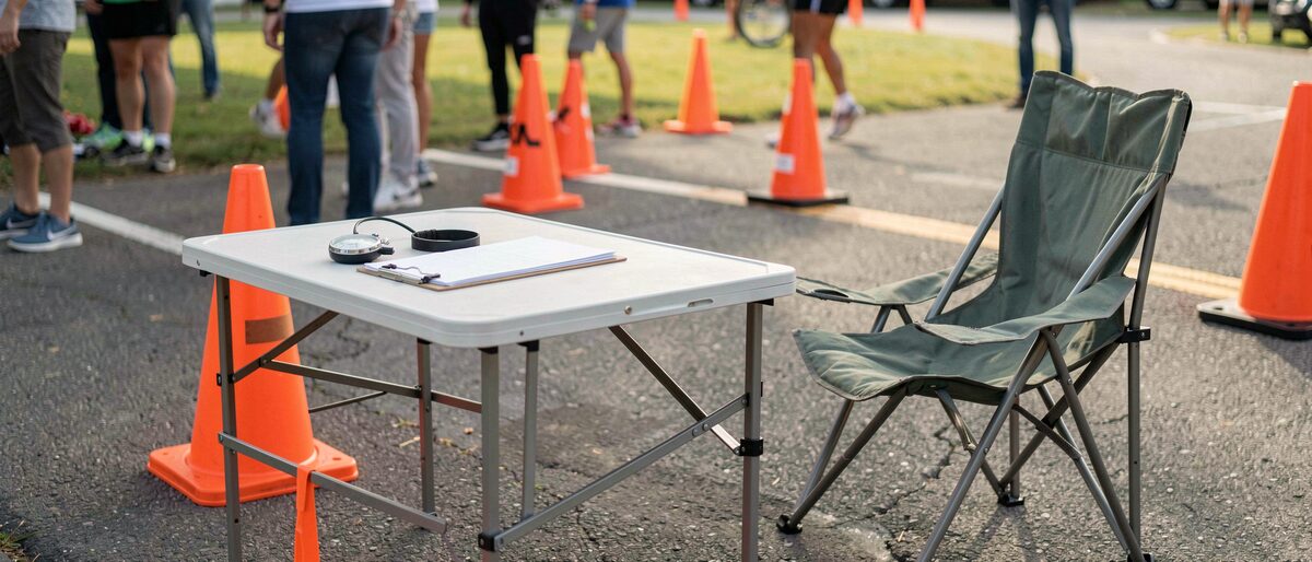 An amateur race is run by whoever shows up early: the registration table, the corner marshals, the clipboard at the finish.