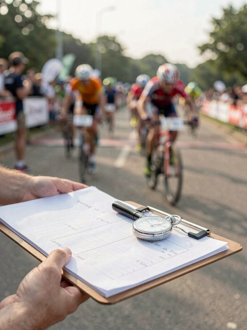 A volunteer behind a folding table checking names on a start list, a short line of riders waiting, wind ruffling the papers